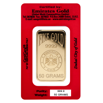Emirates Gold 50 Gram Certicard Gold Bar - 50g Gold Bar | UK Bullion