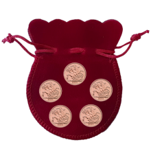 5 x 2023 UK Coronation Half Gold Sovereign in a Small Maroon Velvet Coin Pouch