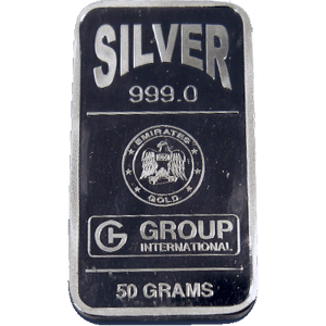 50.00 gram fine Silver bar manufactured by Emirates for Group International Ltd